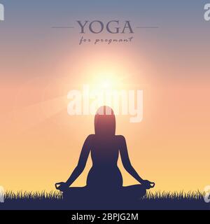 Yoga pour femmes enceintes silhouette sur prairie d'été au soleil vecteur illustration EPS10 Illustration de Vecteur