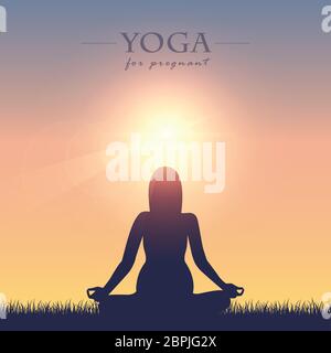 Yoga pour femmes enceintes silhouette sur prairie d'été au soleil vecteur illustration EPS10 Illustration de Vecteur