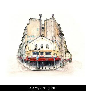 Croquis aquarelle d'une maison parisain typique avec café et lanternes, Paris, France. Banque D'Images