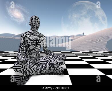 Le surréalisme. Homme avec motif labyrinthe se trouve dans lotus pose. La méditation sur un échiquier. Le voyageur solitaire dans les dunes de sable blanc. Le rendu 3D Banque D'Images