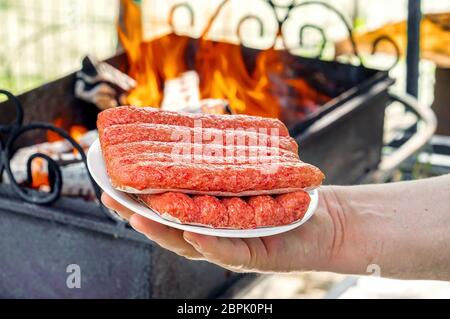 Chevapchichi sur une assiette dans votre main. Un homme tient le chevechichi frais sur un plateau blanc sur le fond d'un feu de barbecue. Chevechich grillé Banque D'Images