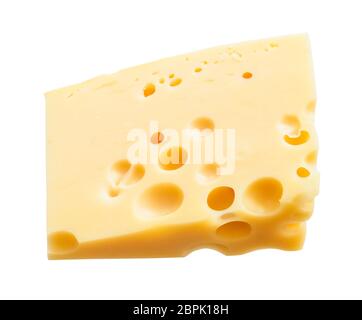 Hunk triangulaire jaune mi-durs de lait de vache fromage suisse à trous interne isolé sur fond blanc Banque D'Images