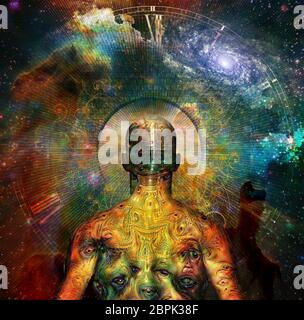 Le surréalisme. La figure de l'homme étrange avec des yeux démoniaques sur sa peau se tient devant des univers. Le rendu 3D Banque D'Images