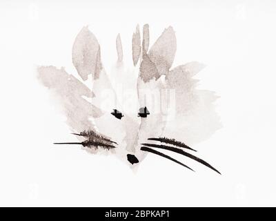 La formation en dessin sumi-e (suibokuga) style - museau de souris par peint à l'aquarelle noire sur papier blanc Banque D'Images
