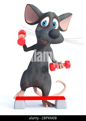 Le rendu 3D d'un sourire mignon cartoon souris l'entraînement avec haltères courtes rouge et un pas vers le haut conseil. Arrière-plan blanc. Banque D'Images