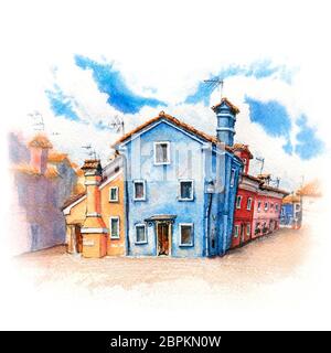 Maisons colorées et l'église sur la célèbre île de Burano, Venise, Italie. Marqueurs photo fabriqué en Banque D'Images