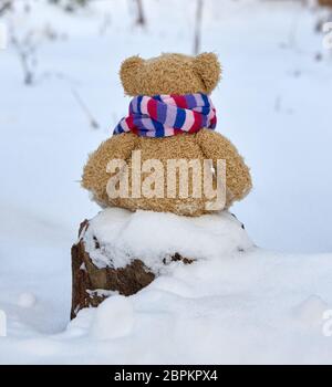 Ours en peluche brun dans une écharpe lumineuse se trouve au milieu de la neige blanche, le concept de la solitude Banque D'Images