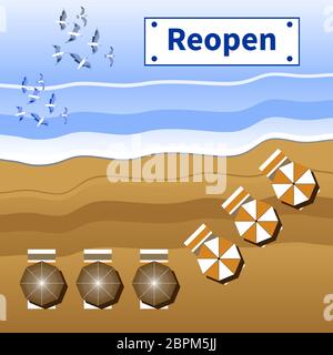 Bannière paysage marin. Vagues de mer, mouettes sur mer, plage de sable. Parasols et serviettes de plage. Rouvrir - texte sur la plaque. Ouverture de la plage après verrouillage Illustration de Vecteur