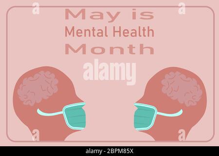 Illustration vectorielle du mois de la santé mentale. Deux icônes de profil de visage portant un masque pendant une pandémie de coronavirus. Confinement. Illustration de Vecteur