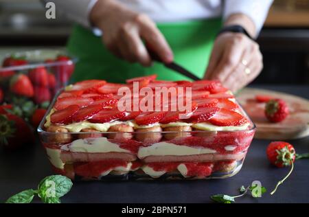 Tiramisu. Concept de dessert italien. Tiramisu aux fraises maison, tranches de fraises décorées. Banque D'Images