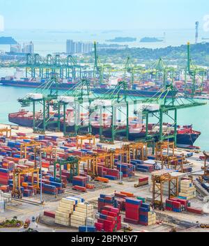 Vue aérienne de cargos dans le port de port industriel de Singapour par pier avec grues de fret et de marchandises des conteneurs, seacsape au contexte Banque D'Images