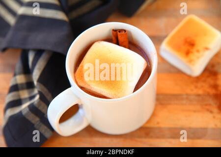 Tasse de cacao avec de grands de la guimauve et le bâton de cannelle Banque D'Images