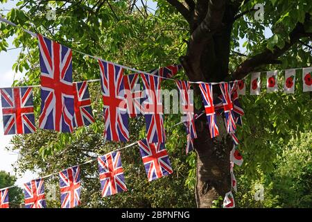 Drapeau de l'Union et drapeau du pavot accrochant à l'ombre d'un arbre sur un village vert au Royaume-Uni Banque D'Images