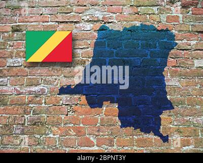 Carte et drapeau de la République démocratique du Congo, adoptée le 15 septembre 1959, adoptée le 10 juin 1991, fond en briques, illustration 3D Banque D'Images