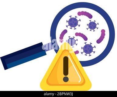 loupe avec particules covid 19 et alerte de signal Illustration de Vecteur