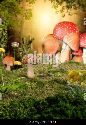 Rendu 3D d'une forêt de fées magique avec des champignons au premier plan. Banque D'Images