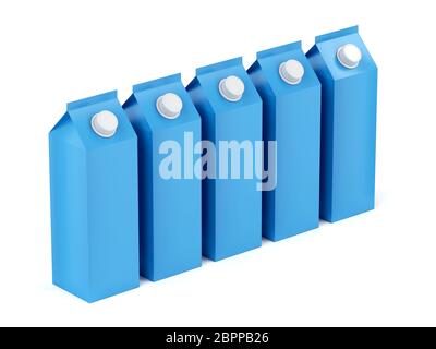 Rangée de conteneurs bleus pour le lait ou d'autres boissons sur fond blanc Banque D'Images