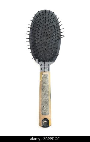 Vue supérieure utilisé vieille brosse à cheveux sales isolé sur fond blanc. Banque D'Images