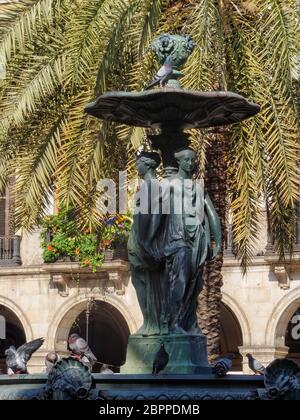 Fontaine des trois Grâces sur la place Royale (Placa Reial) - Barcelone, Catalogne, Espagne Banque D'Images