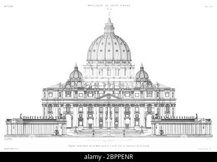 Rome, le Vatican : Basilique Saint-Pierre, façade principale de la basilique et section sur le portique de la place, année 1612, du Vatican 1882. Banque D'Images