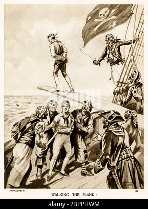 Marche de la Plank, garçons illustration annuelle d'une aventure sur le main espagnol avec des pirates forçant les héros dans la mer infestée de requins avec le Jolly Roger regardant sur Banque D'Images