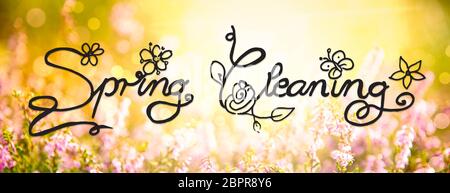 Calligraphie anglaise Nettoyage de printemps. Erica Champ de fleur ou de prairies. Printemps ensoleillé ou saison d'été. Banque D'Images