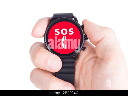 Smartwatch noir isolé sur un fond blanc, SOS Banque D'Images