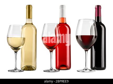 Ligne d'exquise rouge blanc et rosé bouteille verre collection boisson alcool isolé sur fond blanc Banque D'Images