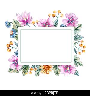 Cadre carré floral aquarelle de fleurs sauvages. Il y a une place pour le texte. Fleurs isolé sur fond blanc. Banque D'Images