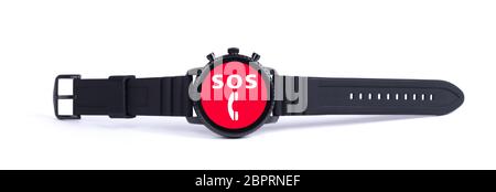 Smartwatch noir isolé sur un fond blanc, SOS Banque D'Images