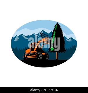 Retro style illustration d'un tracteur à chenilles ou des forêts de paillage broyeur abattre un pin avec forêt et montagnes situé à l''intérieur sur ovale isola Banque D'Images