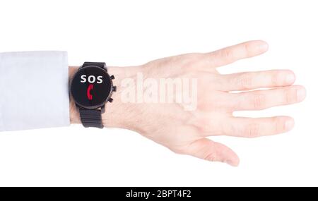 Smartwatch noir isolé sur un fond blanc, SOS Banque D'Images