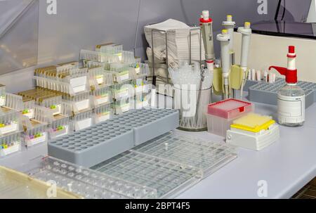 détail d'un milieu de travail pour la recherche microbiologique Banque D'Images