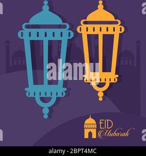 carte de célébration eid mubarak avec lanternes suspendues et scène de mosquées Illustration de Vecteur