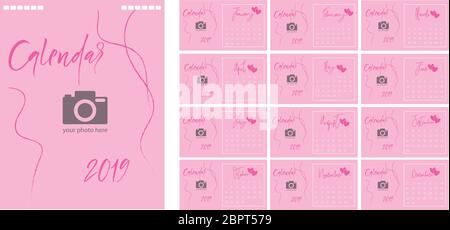 Calendrier 2019, modèle de calendrier de bureau avec un emplacement pour une photo et un logo de société. Définir 12 mois Illustration de Vecteur