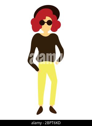Une fille taille basse vêtue de vêtements de chapeau tendance, de lunettes. Personnage animé féminin. Illustration vectorielle colorée. Illustration de Vecteur