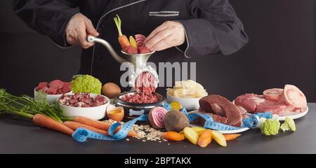 L'homme préparation des aliments santé barf pour son chien avec une sélection de légumes frais, coeur, estomac, abats, d'organes, la volaille et le boeuf leur traitement Banque D'Images