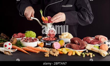 L'homme de la préparation des aliments sains pour son animal barf chien ou chat avec un assortiment de produits de viande et abats, légumes, céréales, d'œufs, d'oreilles de lapin, un os et chew Banque D'Images