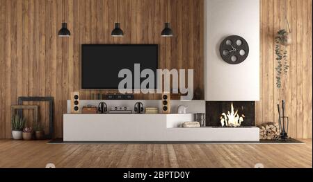 En Home cinéma stryle rustique avec cheminée et boiseries - 3D Rendering Banque D'Images