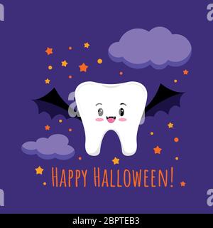 Mignon dent dans le costume de chauve-souris vampire sur la carte de voeux de dentiste heureux Halloween. Kawaii tooth emoji caractère avec des nuages et des étoiles sur le fond de nuit sombre Illustration de Vecteur