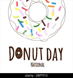 Texte national du Donut de style caricaturé avec garniture de pâtisserie multicolore sur le donut dans un dessin au trait isolé sur le blanc Illustration de Vecteur