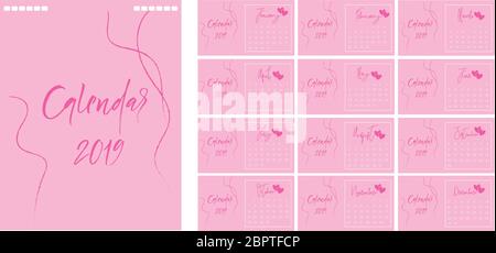 Calendrier 2019, modèle de calendrier de bureau avec un emplacement pour une photo et un logo de société. Définir 12 mois Illustration de Vecteur