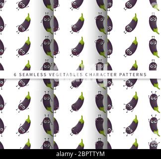 Ensemble de motifs vectoriels sans couture avec de jolis personnages de légumes d'aubergine cartoonés isolés sur fond blanc Illustration de Vecteur