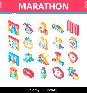 Les icônes des éléments isométriques du marathon définissent le vecteur Illustration de Vecteur