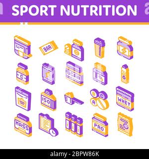 Jeu d'icônes isométriques vectorielles de cellules de nutrition de sport Illustration de Vecteur