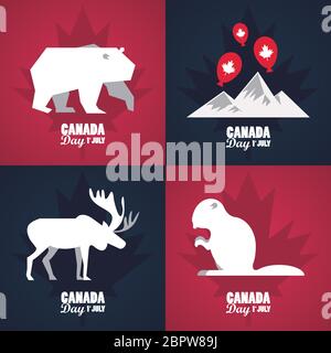 première affiche de célébration de la fête du canada en juillet avec des montagnes et des animaux Illustration de Vecteur