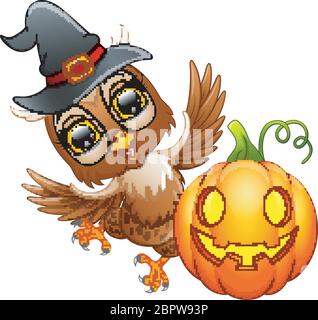 Bande dessinée hibou avec chapeau d'Halloween et citrouille Illustration de Vecteur