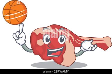 Mascotte de dessin animé sportif de jambe d'agneau avec basket-ball Illustration de Vecteur