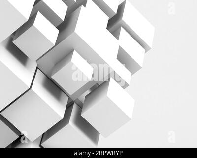 Installation abstraite blanche de cubes de taille aléatoire sur fond gris clair. Concept de stockage de données numériques nuageux. illustration du rendu 3d Banque D'Images