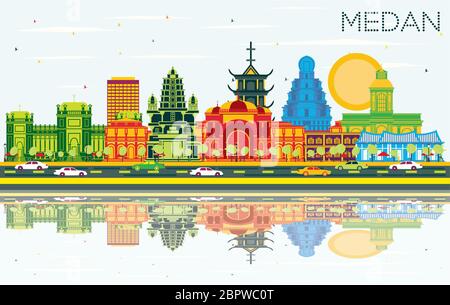 Medan Indonésie Ville avec des bâtiments, de couleur bleu ciel et les réflexions. Vector Illustration. Illustration de Vecteur